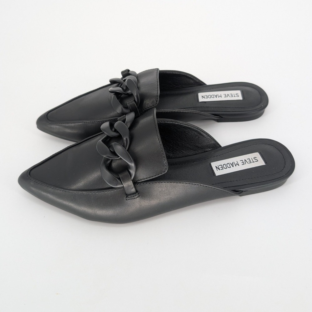 Steve Madden Fleur Mule Women 9M Black Leather Pointed Toe Chain Flat Chic Edgy - Picture 5 of 10